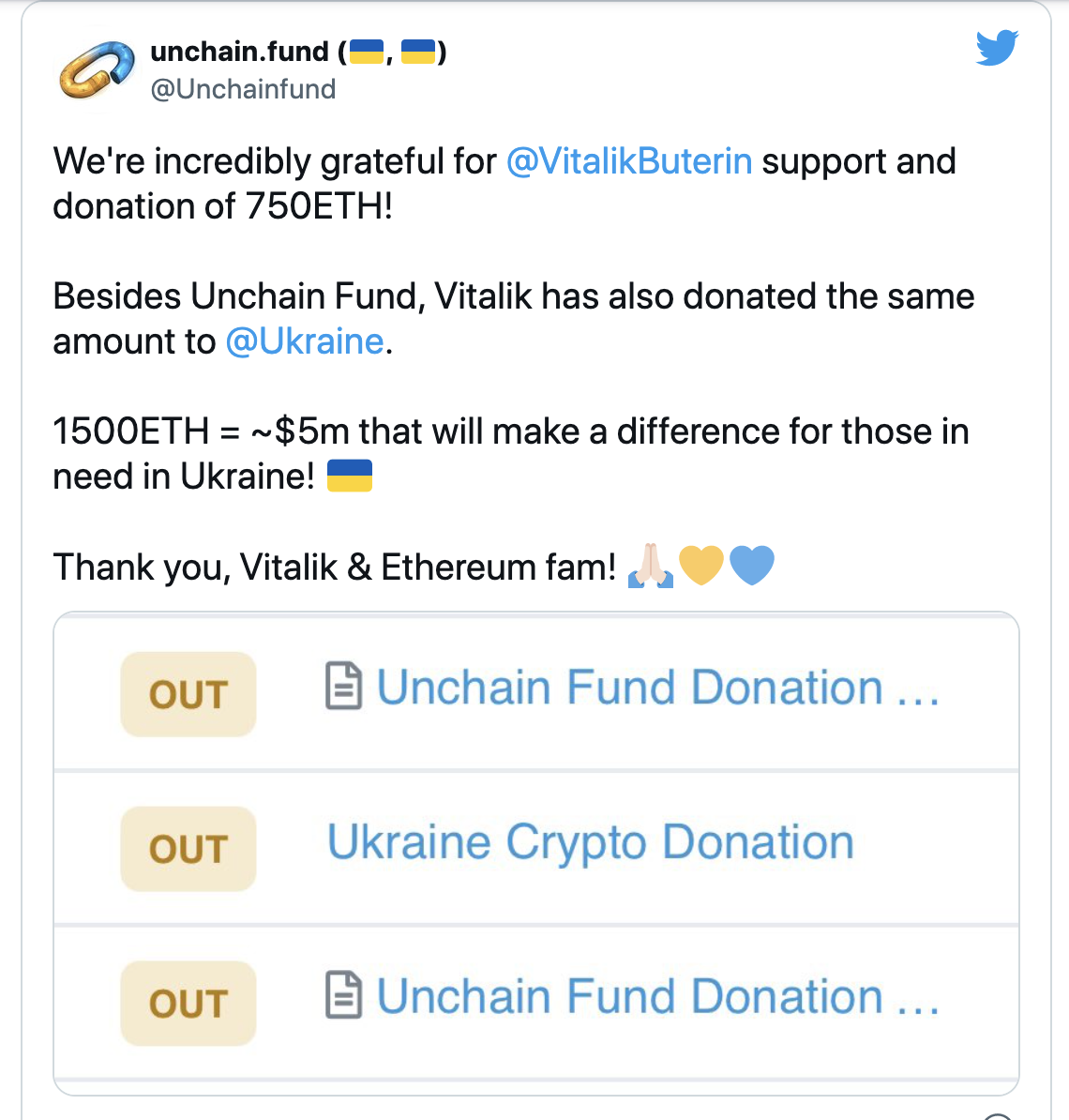 Сооснователь Ethereum Виталик Бутерин перевел в поддержку Украины 1500 ETН