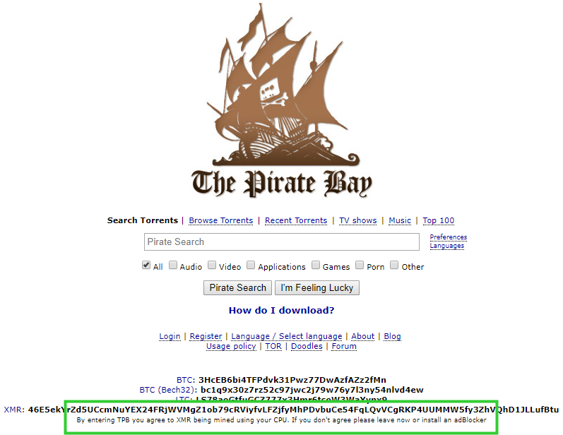Сайт The Pirate Bay теперь официально майнит Monero